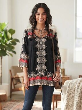 Angie Black Red Boho Print Peasant Top Tunic Tassel Drawstring Hippie Chic L